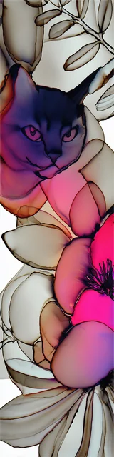 Free abstract cat art bookmarks featuring a purple face cat looking at a hot pink flower